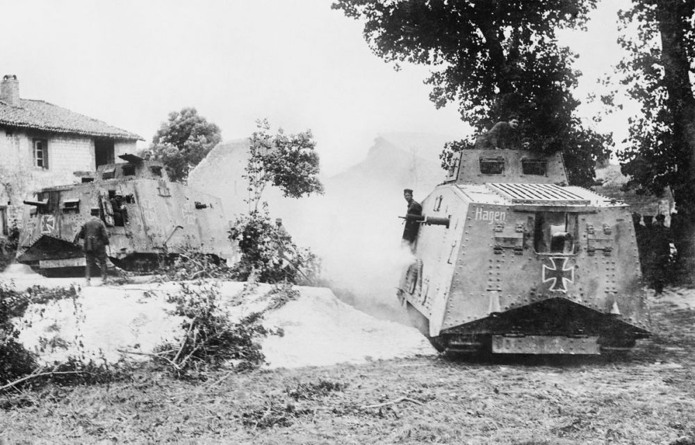German A7V tanks - one of them named 'Hagen'. The village is possibly Frémicourt. 